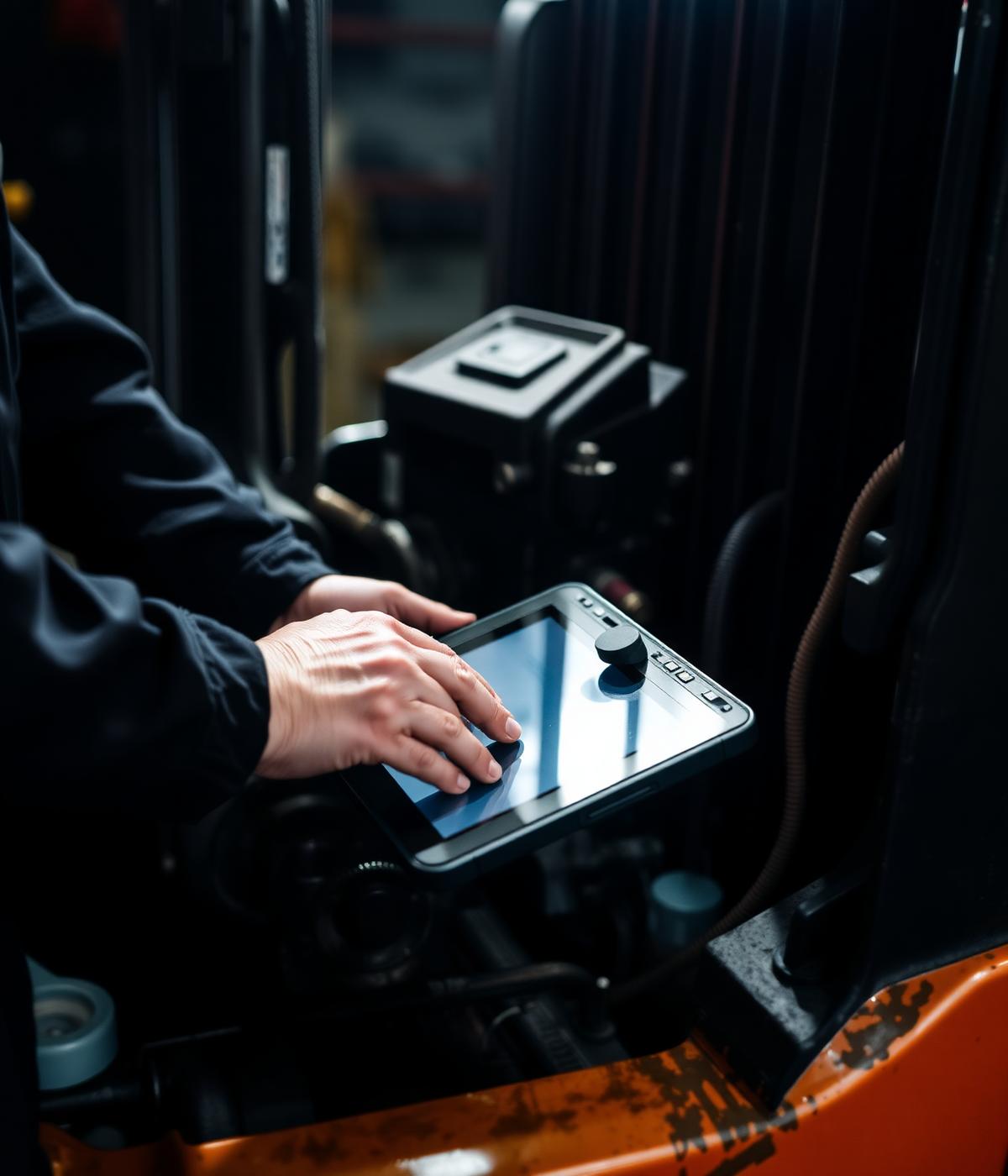 Technician using diagnostics tablet on a forklift